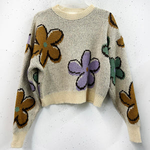 Floral Drawing Sweater Natural