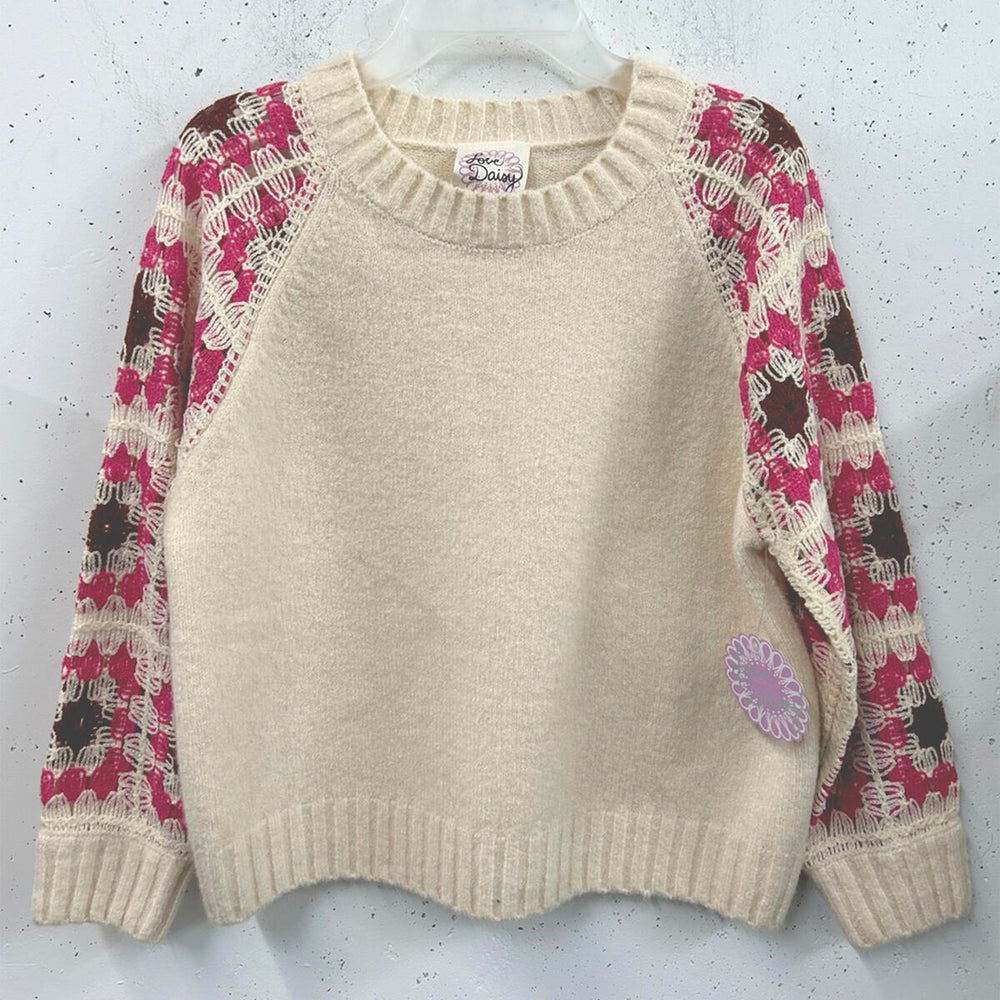 Cream & Pink Contrast Sleeve Pullover Sweater