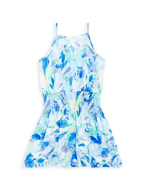 Aqua Bloom Tie-Back Smock Waist Dress