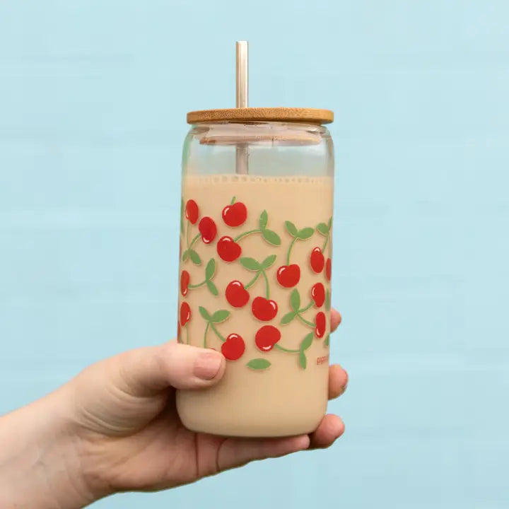 Cherries Glass Can with Straw