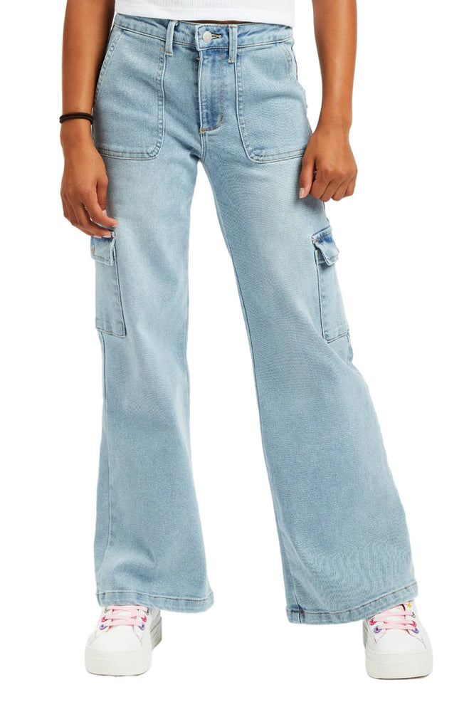 Tractr Light Patch Pocket Indigo Hi Rise Wide Leg Cargo Jeans