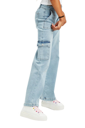 Tractr Light Patch Pocket Indigo Hi Rise Wide Leg Cargo Jeans
