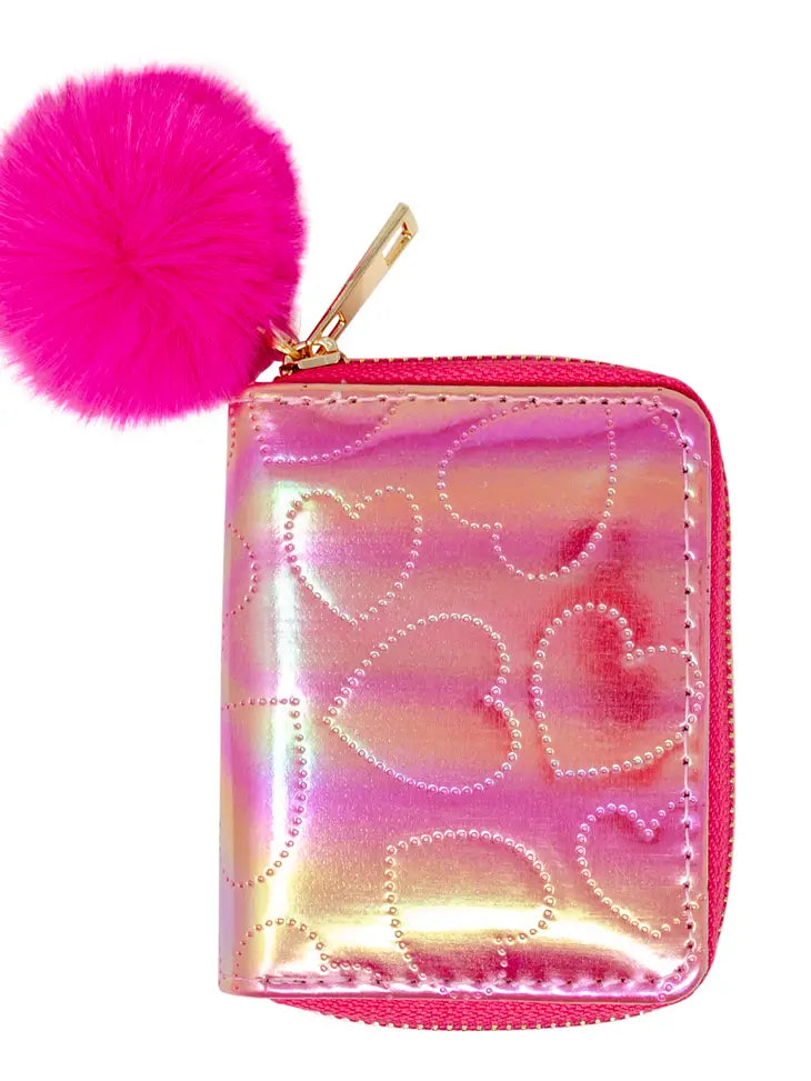 Hot Pink Shiny Dotted Heart Pom Wallet