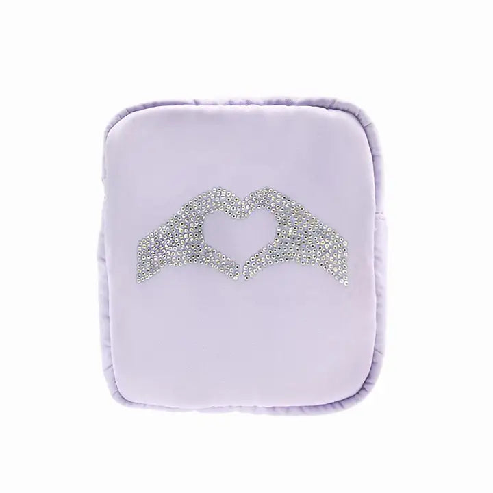 Lavender Heart Hands Rhinestone Cosmetic Bag