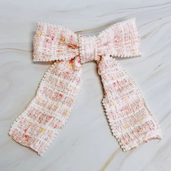 Pink Tweed Bow Hair Clip