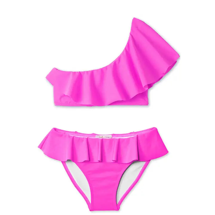 Neon Pink Ruffle One Shoulder Bikini