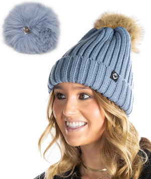 Denim Rib Knit Removable Pom Beanie