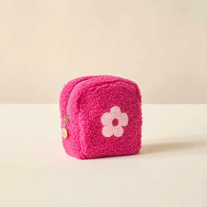 Pink Flower Square Sherpa Pouch Bag