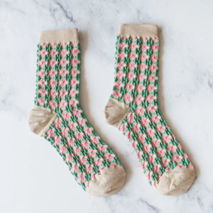 Beige & Green Winter Check Socks