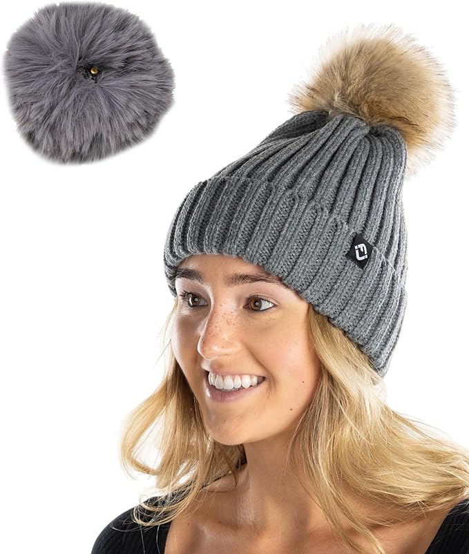 Charcoal Rib Knit Removable Pom Beanie