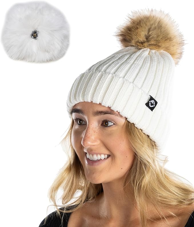 Ivory Rib Knit Removable Pom Beanie