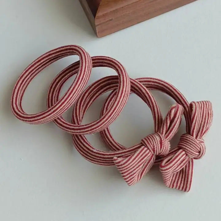 Seamless Red Striped Bow Hair Tie Set
