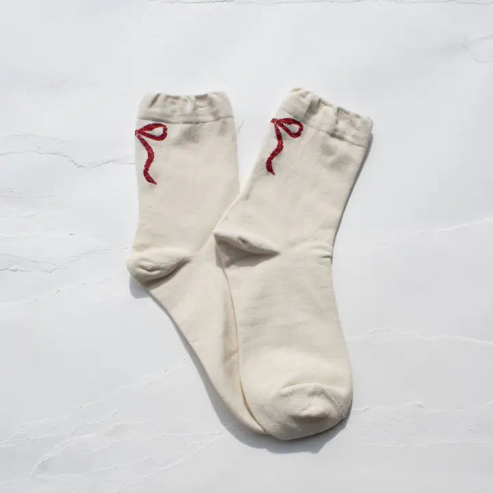 Cream Holiday Socks with Red Ribbon