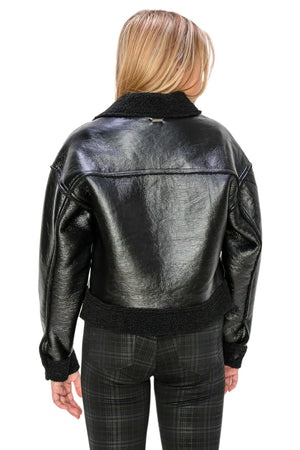 Black Sherpa Lined Faux Leather Crop Jacket