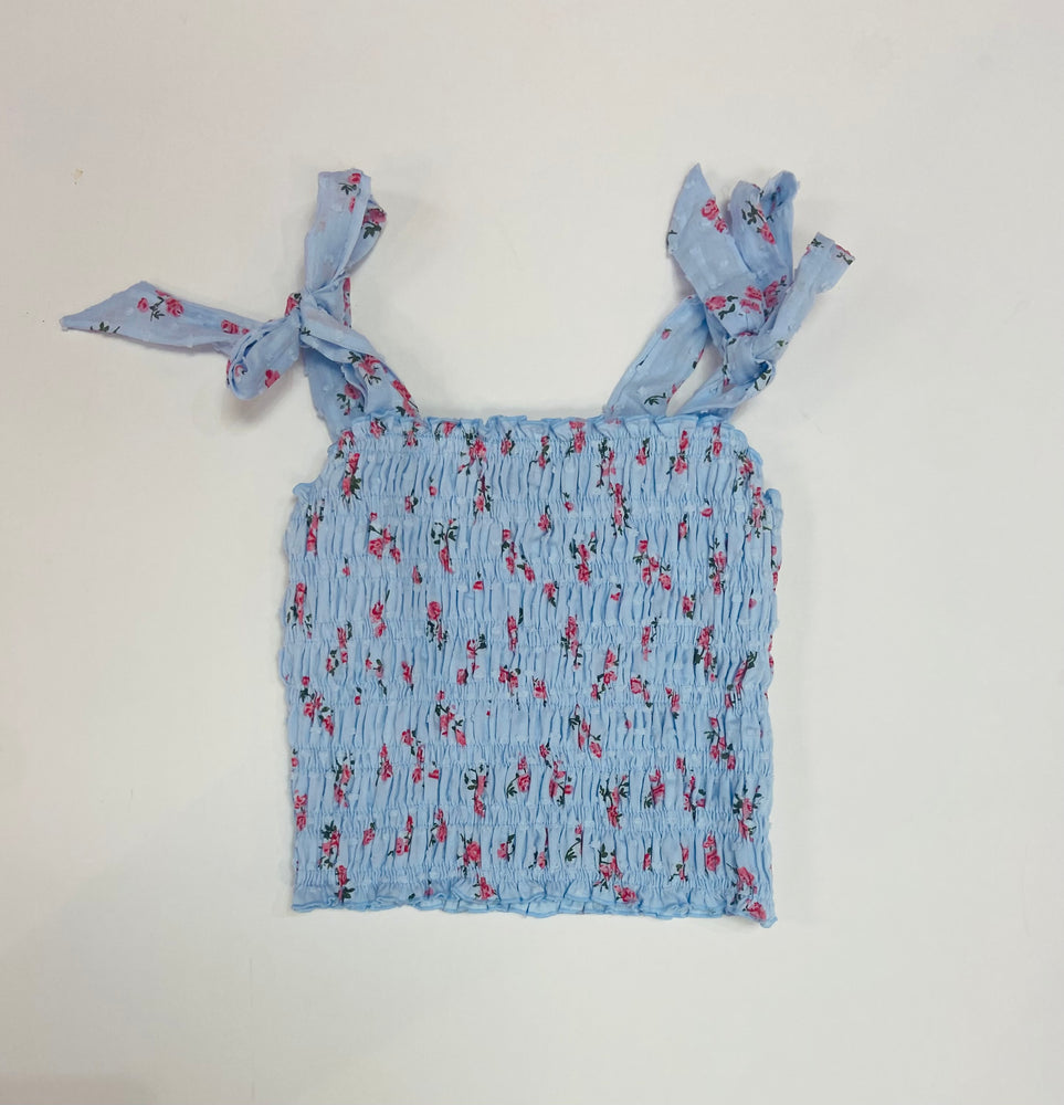 Light Blue with Red Flower Ruched Tie-Shoulder Top