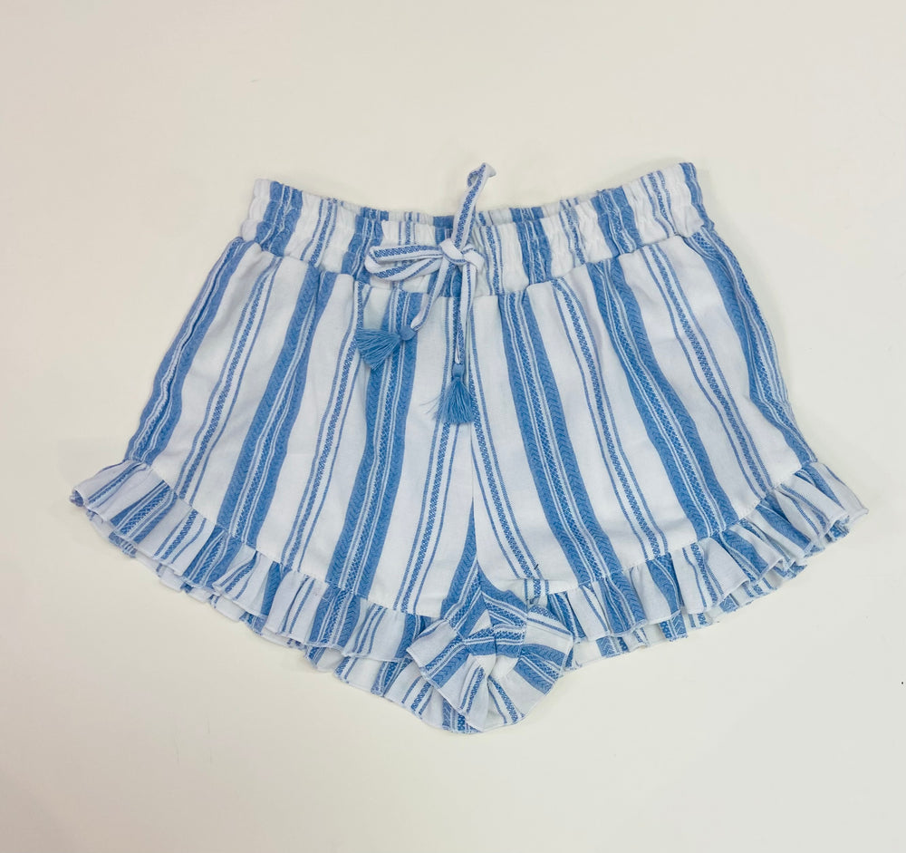 Blue & White Stripe Woven Ruffle Edge Shorts