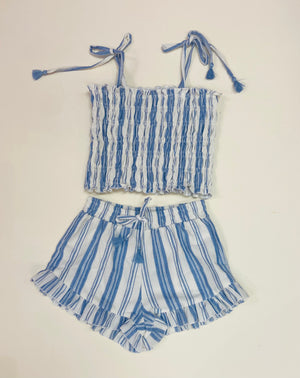 Blue & White Woven Ruched Tie-Top