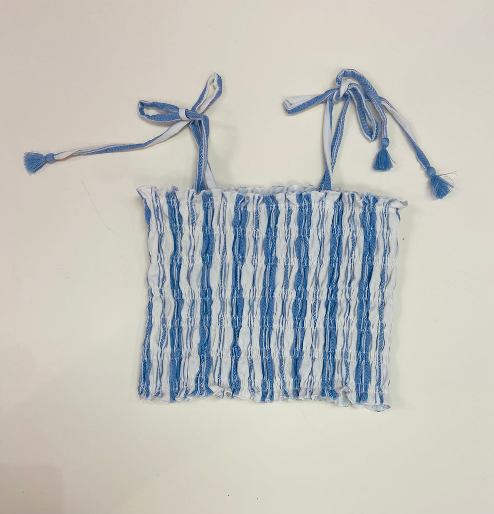 Blue & White Woven Ruched Tie-Top
