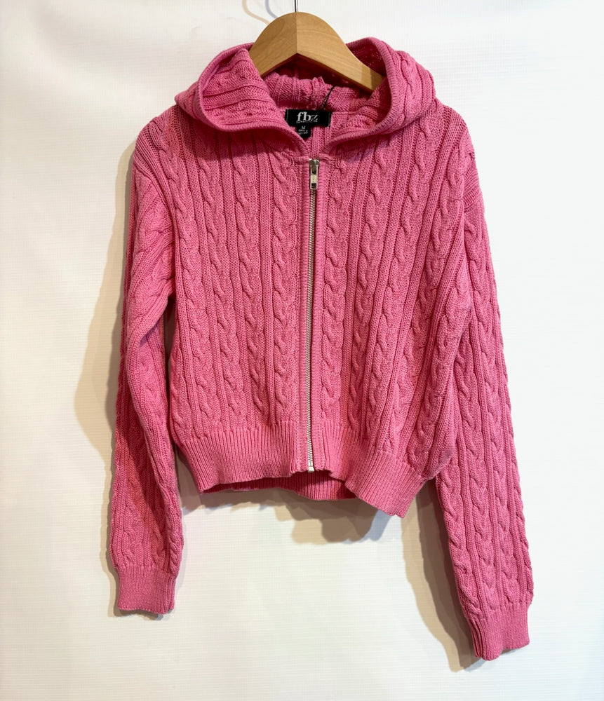 Pink Cable Knit Zip Up Hoodie