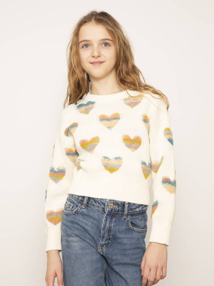 Ivory Janna Textured Hearts Crew Sweater