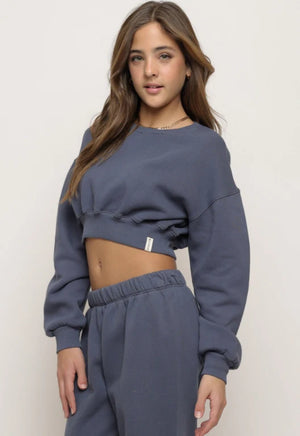 Ombre Blue Cotton Fleece Cropped Crewneck