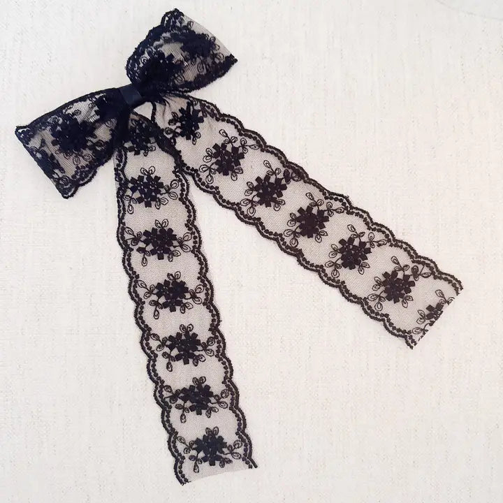 French Lace Sheer Bow Hair Clip Black