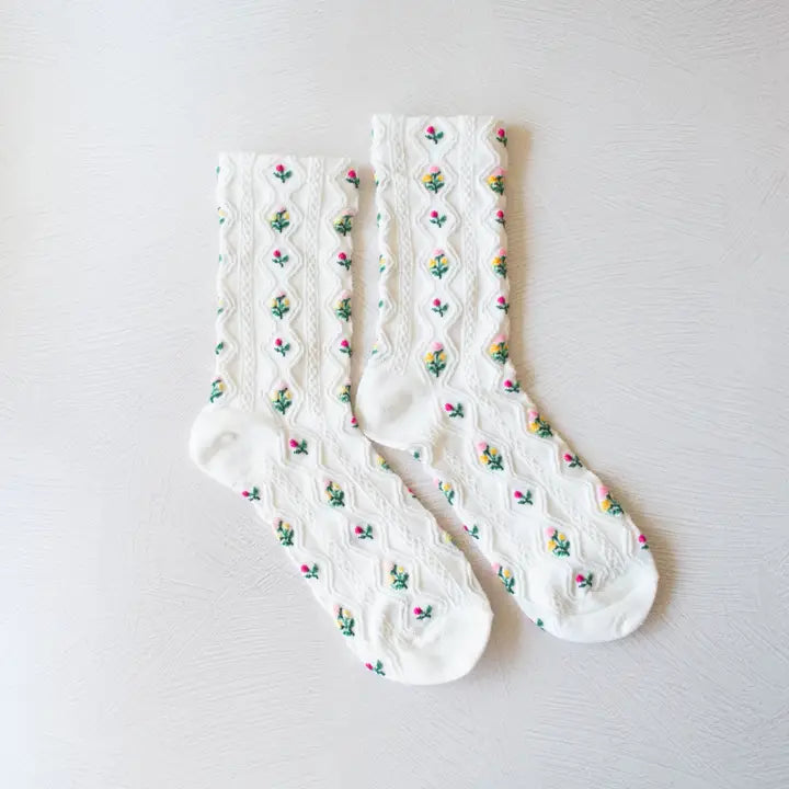 White Romantic Floral Socks