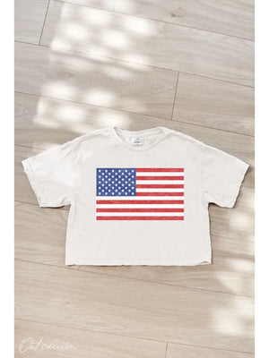 Cream USA Flag Cropped Graphic Tee