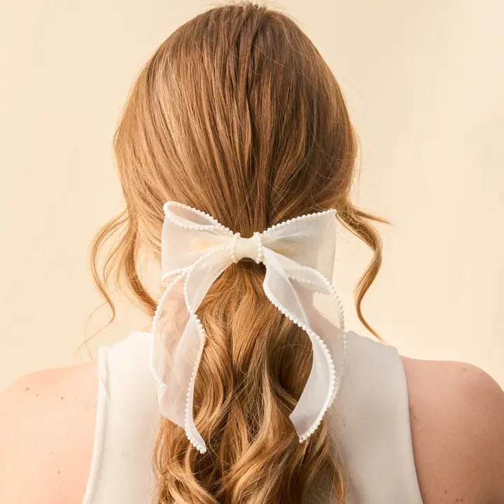 Sheer Pearl Hair Bow Cream