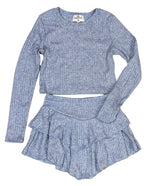 Light Blue Knit Rib Ruffle Skirt