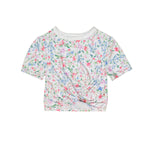 White Floral Puff Sleeve Knotted Tee