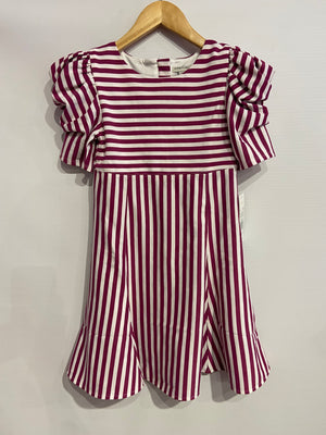 Dark Pink Stripe Puff Sleeve Dress