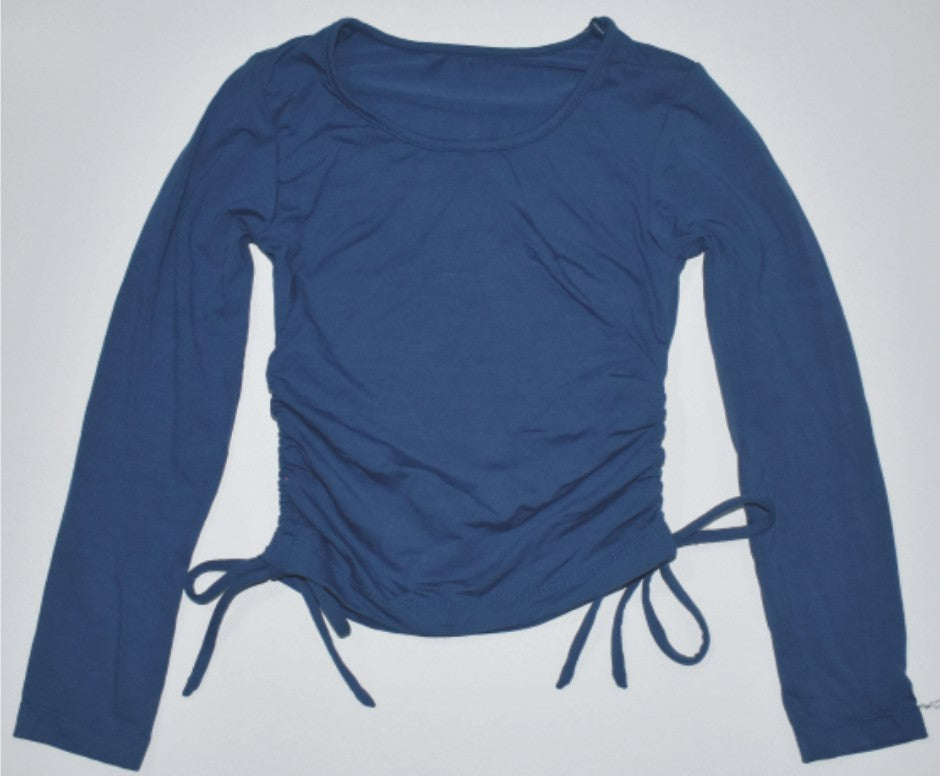 Blue Long Sleeve Side-Tie Crop Shirt