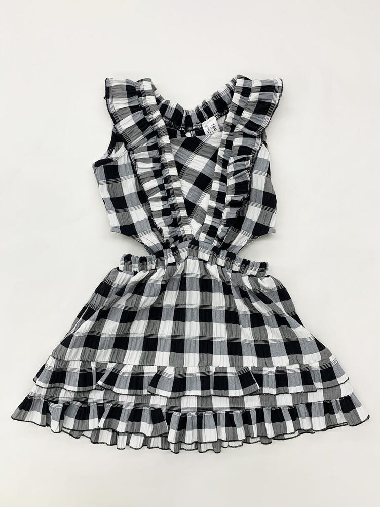 Black & Ivory Ruffle Check Dress with Side Cutout