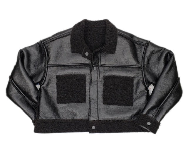 Black Sherpa Lined Faux Leather Crop Jacket